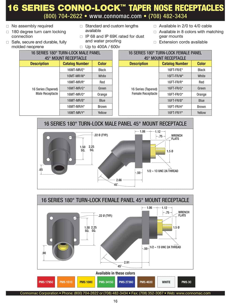 Conno Lock 16 series taper nose receptacles spec sheet page 2
