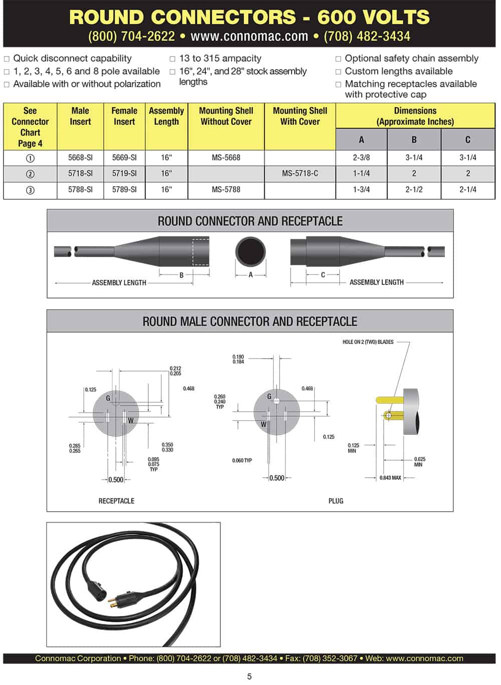 Round connector and receptacle spec sheet